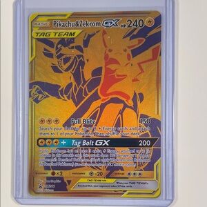 Pokemon Pikachu & Zekrom GX Card - Gold and Blue